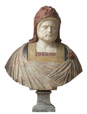 buste en marbre représentant un homme portant un chapeau rouge et une barbe