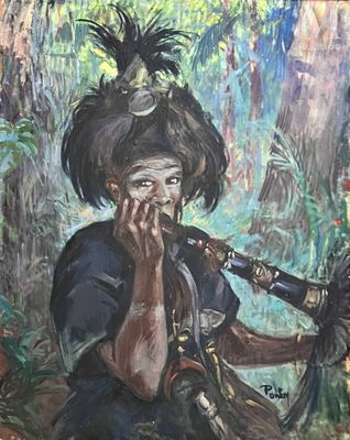 painting of a woman playing a flute in a forest