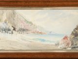 an image of a painting of a beach scene in a wooden frame