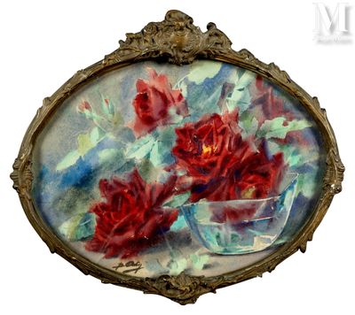 a picture of a painting of red roses in a glass bowl