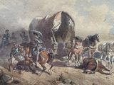 a painting of a group of men on horses pulling a covered wagon