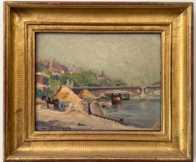 une image représentant un tableau représentant une scène fluviale avec un pont