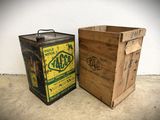 a wooden box next to a wooden box on the floor