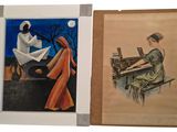 two paintings of a woman sitting at a piano and a man sitting at a piano