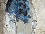 une peinture à l'huile représentant un vase bleu et blanc posé sur une table