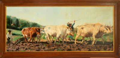 Bœufs labourant, 19e siècle, huile sur toile