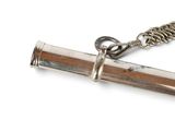 a silver pipe with a chain on a white background