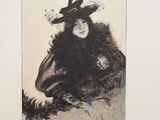 an old black and white photo of a woman wearing a hat
