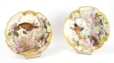 deux assiettes sur lesquelles sont peints des oiseaux et des fleurs sur un fond blanc