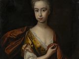 a painting of a woman in a yellow dress holding a red scarf