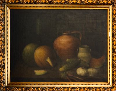 a painting of a painting of a vase and fruit on a table