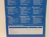 the back of a blue box with instructions on it on a white surface