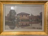 tableau représentant une maison au bord d'un lac, avec un bateau sur l'eau