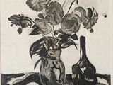 a black and white drawing of flowers in a vase