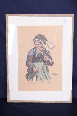 painting of a woman holding a flower in her right hand and wearing a hat on her head