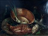 a painting of a fish and a bowl on a table