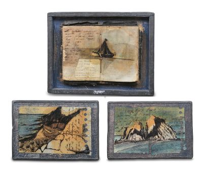 three framed pictures of a bird sitting on top of a rock next to water