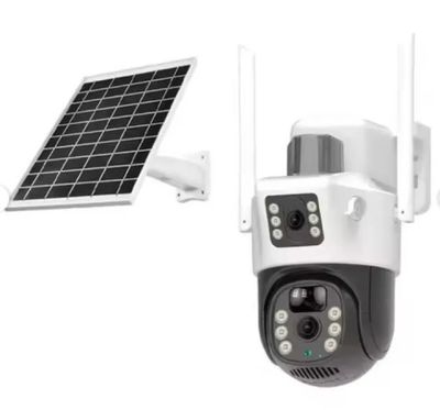 an image of a solar powered security camera next to a solar panel