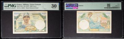 three different types of currency are on display in a display case
