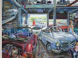 a painting of a woman standing in a garage with cars