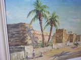 a painting of a desert scene with palm trees in the foreground