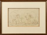 drawing of a group of people with umbrellas in a wood frame