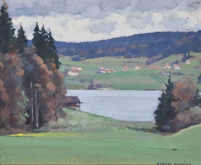peinture représentant un paysage avec un lac et des arbres au premier plan