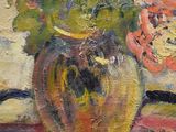 a painting of flowers in a vase on a table