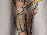 a drawing of a boy with a baseball bat on a shirt