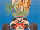 une affiche représentant une voiture de course avec une ville en arrière-plan