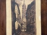 dessin encadré représentant une scène de rue avec un clocher d'église en arrière-plan