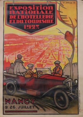 une vieille affiche représentant deux hommes dans une voiture dans une rue de la ville