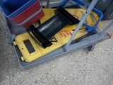 a blue and yellow hand truck with two buckets and a blue and red bucket