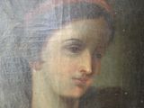 tableau représentant une femme coiffée d'un chapeau rouge et vêtue d'une robe noire