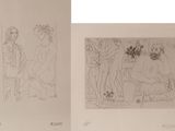 deux dessins représentant un homme et une femme assis sur un banc