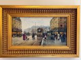 une peinture représentant une scène de rue en ville avec des passants marchant sur le trottoir