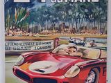 an old poster of a red race car driving down a track