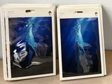 two pictures of a whale in a box on a table