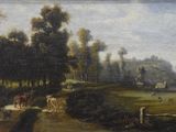 painting of a country scene with horses and people in a field