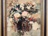 an oil painting of flowers in a vase on a beige background