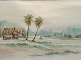 une photo d'un tableau représentant un village avec des palmiers