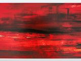 abstract painting of a red and black landscape with buildings in the background