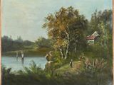 tableau représentant une scène fluviale avec un bateau au premier plan et une maison à l'arrière-plan