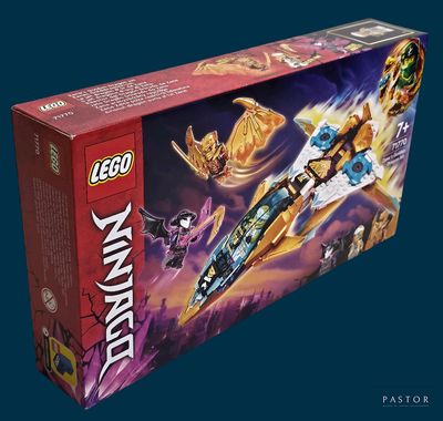 une boîte contenant un ensemble Lego Ninja, sur fond bleu
