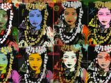 painting of a group of women with different colored faces on them