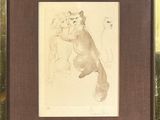 framed drawing of a cat and a dog in a gold frame