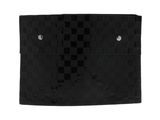 a black clutch bag with a checkered pattern on the front
