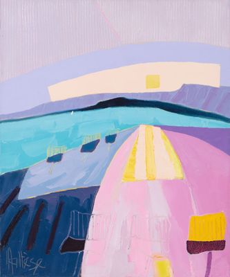 peinture abstraite représentant un bateau sur un plan d'eau, avec des montagnes en arrière-plan