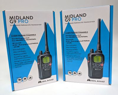 packaging of two midland g9 pro walkie talkies in a box