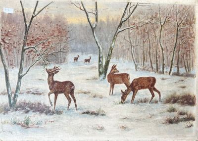 un tableau représentant un groupe de cerfs dans un champ enneigé
